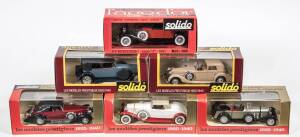 SOLIDO: Group of model cars including 1939 Mercedes 540K (67) – Maroon; and, 1926 Hispano-Suiza (145) – Lime Green; and, 1939 Rolls Royce (71) – Dark Green. All mint in original cardboard packaging. (60)