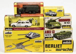 SOLIDO: Group of model cars including AMX 13 Bitube (249); and, AMX 13 T (250); and, Peugeot 504 Ambulance (23). All mint in original cardboard packaging. (24 items)