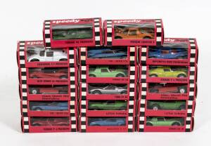 SPEEDY: Group of model cars including Ferrari 250 LM (806) – Green; and, Ford GT 40 (804) – Silver; and, OSI – Silver Fox (807) – Blue. All mint in original cardboard windowed boxes (17 items)
