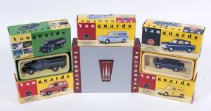 VANGUARDS: 1:43 group of model cars including Sunbeam Alpine MKII (VA07000) – Red; and, Austin Cambridge (VA44002) – Maroon; and, Austin A40 Van (VA3000) – Ransome’s Lawnmowers. All mint in original cardboard packaging. (18 items)