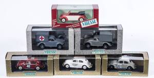VITESSE: 1:43 group of Volkswagen model cars including Volkswagen 1500 Sedan (620) – White; and, Volkswagen Kombi 1955 Feuerwehr Tubingen (005) – Red; and, Volkswagen Sedan (404US) – Black and Grey. All mint in original perspex display cases. (30 items)