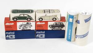 Miscellaneous group of built model car Hobby Kits including WIKING: Volkswagen (112); and, AUTO REPLICAS: Fiat Abarth; and, SOMERVILLE: 1992 SAAB. All built and in original cardboard packaging. (100 items)