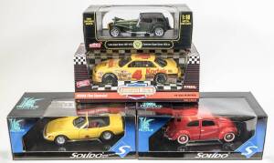 Miscellaneous group 1:18 model cars including SOLIDO: Ferrari 365 GTS (8018) Yellow; and, ANSON: Lotus Super Seven 1957-1973 (30317-W) &ndash; Green; and, ERTL: American Muscle Car Chevrolet (7450) - Kodak Film. All mint in original cardboard windowed display b