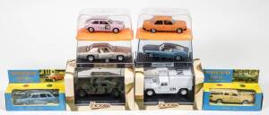 Misscelaneous group of model cars including VICTORIA: Hummer (R004) – United Nations; and, Pilen Ford Fiesta Iberia (M543) – Grey; and, JOAL: Trailer Truck with Tilting Trailer (212) – Red and Yellow. All mint in original packaging. (60 items)