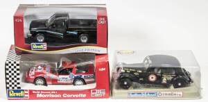 Miscellaneous group of 1:24 scale model vehicles including REVELL: Chevy S-10 Pickup (8693) – Black; and, REVELL: Morrison Corvette (8699) – World Record ZR-1; and, CHAMPION: Citroen 11BL. All mint in original packaging. (7 items)  