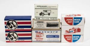 Miscellaneous group of White Metal model car Hobby Kits including METAL MODELS: Morris – Commercial Tilt Van; and, GRAND PRIX MODELS: Sunbeam Alpine Sports (710); and, PIRATE MODELS: Ambulance Ford ‘T’ Chassis Ambulance. All mint and unbuilt in original c