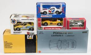 Miscellaneous group of different scale model cars including ANSON: 1:14 Porsche 911 Carrera 4 – Cabriolet (30313); and, MAJORETTE: 1:12 Porsche 944 Cabriolet (4208); and, CONRAD: CAT 789 Off-Highway Truck (2755). All mint in original cardboard packaging. 
