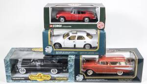 Miscellaneous group of 1:18 model cars including CORGI: 1963 MGB Roadster (95103) – Red; and, 1986 Lexus LS400 (92038); and, 1949 Mercury Coupe (7122). All mint in original windowed cardboard boxes. (4 items)