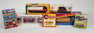 Miscellaneous group of model cars including FORMA: Same Tractor (085) – orange; and, CKO: DB Bahnbus (441) – Red; and, Dart Wheels: Mercedes Benz III (D52) – Purple. All mint in original cardboard packaging (60 items approx.)