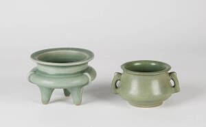 Two celadon glazed circular censers, 7cm and 9cm high