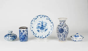 An 18th century export porcelain plate and four other Chinese blue and white pieces