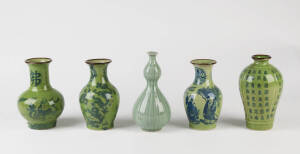 Five various green ground ovoid vases