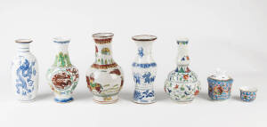 Five various Chinese porcelain vases and a covered bowl and tea bowl