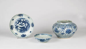 A Provincial Ming blue and white lotus meander jar 14cm high and two other provincial Ming pieces