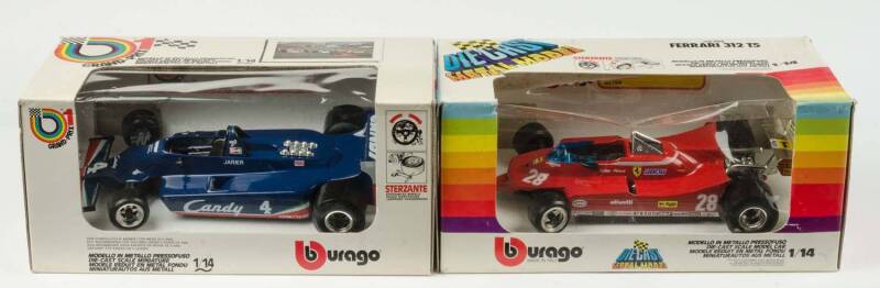 BURAGO: 1:14 Grand-Prix Ferrari 312 T5 (2108); and, Candy Tyrrell (2107). All in original cardboard boxes and labels; see image for condition. (2 items)