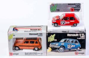 BURAGO: 1:24 Renault R4 Safari (126); and, Renault 5 TL Rally 4 Aperture (115); and, 1:24 Ford Escort RS1800 (118); and, Ford Capri GR 5 (181). All mint in original cardboard boxes and labels. (4 items) 
