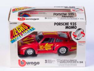 BURAGO: 1:24 Porsche 935 Momo (184); and, 1:24 Opel Kadett GT/E Rally (129); and, Opel Ascona 400 (153); and, 1:24 Renault 14TL (139); and, Renault 4 Touring-Secours (150). All in original cardboard boxes and labels; see image for condition. (5 items) 