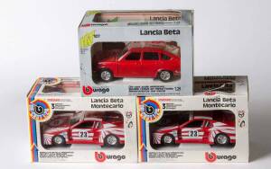 BURAGO: 1:24 a pair of Lancia Beta Montecarlo (170); and, Lancia Beta (107). All in original cardboard boxes and labels; see image for condition. (2 items)