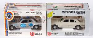 BURAGO: 1:24 Mercedes 450 SEL Radio taxi (147); and, Mercedes 450SC Mampe (165); and, a Pair of Alfa Romeo Gilulietta (164). All in original cardboard boxes and labels; see image for condition. (4 items) 