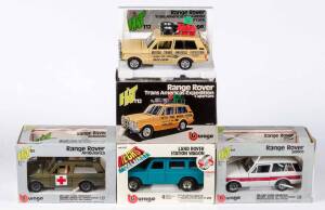 BURAGO: 1:24 Land Rover Station Wagon (167); and, Range Rover Police (117); and, Range Rover Ambulanza (131); and, Range Rover Trans Americas Expedition (112). All in original cardboard boxes and labels; see photo for condition. (4 items)