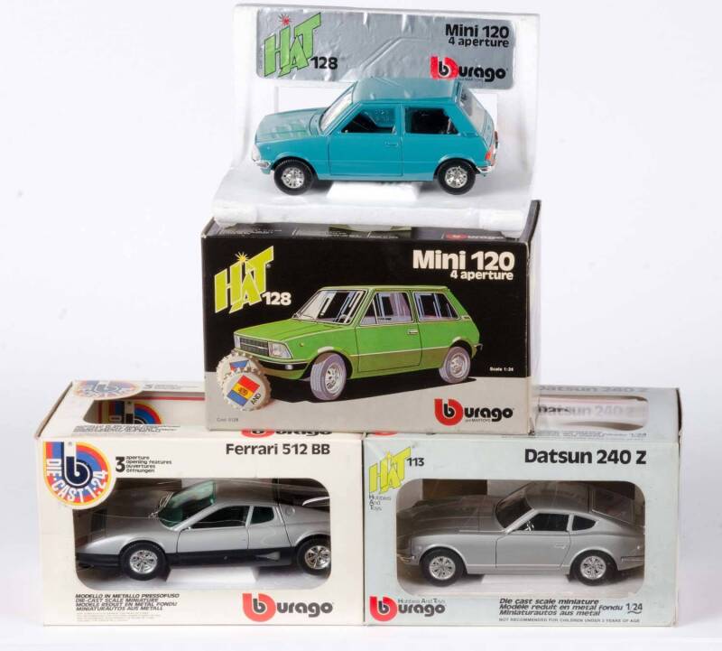 BURAGO: 1:24 Mini 120 4 Aperture (128); and, Datsun 240 Z (113); and Ferrari 512 BB. All mint in original cardboard boxes and labels. (3 items)
