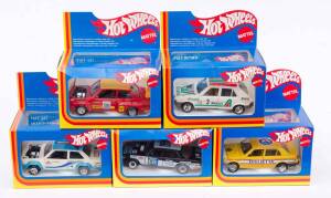 MATTEL: 1:25 group of Hot Wheels model cars including Fiat 131 Arbarth Parmalat (6749); and, Alfa Romeo Giulietta Special (6758); and, Mercedes Rally (6745). All mint in original cardboard packaging. (5 items)