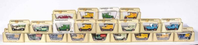 MATCHBOX: group of 'Models of Yesteryear' including 1912 Ford Model T (Y-12); and, 1927 Talbot (Y-5); and, 1930 Model J Duesenberg (Y-4). Most mint in original cardboard boxes; see image for condition. (21 items)