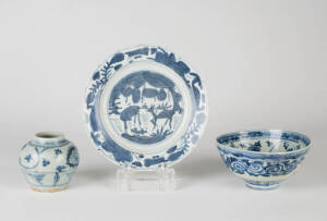 Three Provincial Ming porcelain pieces, comprising a dish painted with deer 20cm diameter, a floral meander&nbsp;bowl 14cm diamter and a jarlet 9cm high