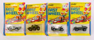 PLAYART: Group of military 'Fast Wheel' including US Army Jeep (7852); and, Saladin MK II (7854); and, Schwimmwagen (7851); and Amphibian Jeep (7856). All mint in original packaging. (4 items)