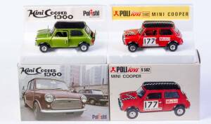 POLISTIL: 1:25 Mini Cooper 1300 (S582) green; and, Mini Cooper (S582); and, Jaguar XJ 6L (SG3) Gallery; and, Peugeot 104 (S18); and, 1:15 Alfasud (S12). All mint in original cardboard boxes and labels. (5 items) 