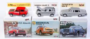 POLISTIL: 1:25 Volvo 164 E (S20); and, A 112 Abarth (S13); and, Honda coupe Z (S14); and, a pair of Citroen CX 2200 (S38); and, Citroen 2 CV Tunisia (S30). All in original cardboard boxes and labels; see image for condition. (6 items) 