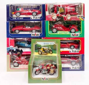 POLISTIL: 1:24 group of scale model cars and motorbikes including a pair of Serie Gold TG Maserati 250F (TG20); and, Ferrari 308 GTB Turbo (TS1); and, BMW - R75 Elephant (MS619); and Jaguar XKE 4,2 Litre (TG 8). Most mint; all in original cardboard packag