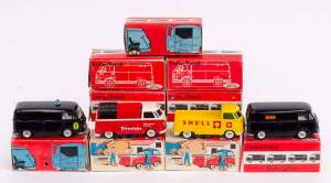 TEKNO: collection of vintage model vans & trucks including Ford Taunus Transit Obras Publicas (415); and, VW Firestone Van (410); and, VW Shell Split Window Pickup (406). All mint in original near mint cardboard packaging. (9 items)