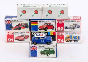 TOMICA: group of model cars including Mini Cooper S MK-III (F8); and, Ferrari Testarossa (91); and, Brabham BT46 Alfa Romeo (F61). All mint in original cardboard packaging. (9 items)