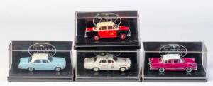 TRAX: 1:43 1956 Holden FE Business Sedan (TR40E) Delux Red Cabs; and 1960 Holden FB Special Sedan (TR20L) Custom Hot Rod Edition; and 1966 Holden HR Special Sedan (TR32F) Variety Children's Charity; and 1967 Holden HR Sedan 186S (TR32G) Kurrewa Blue/Glaci