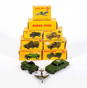 DINKY: 1950s group of military vehicles including Army Water Tanker (643); and Armoured Personnel Carrier (676); and, Scout Car (673). Most mint, all in original yellow cardboard boxes. Slight damage to some of the boxes. (8 items)