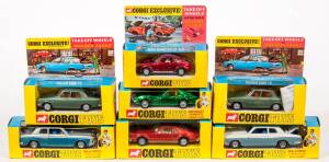 CORGI: Late 1960s to early 1970s group of model cars with ‘Take-Off Wheels’ and ‘Golden Jacks’ including Rolls Royce Silver Shadow (273) – silver and metallic blue; and, Oldsmobile Tornado (276) – metallic red; and, Chevrolet Corvette Stingray Coupe (300)