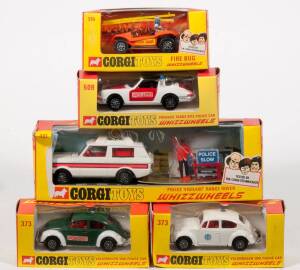 CORGI: Early 1970s group of ‘Whizzwheels’ emergency vehicles consisting of Police ‘Vigilant’ Range Rover (461) – white with fluorescent orange stripe & plastic police figure; a pair of Volkswagen 1200 Police cars (373) – one white & the other dark green &