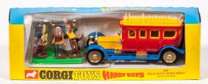 CORGI: Early 1970s ‘The Hardyboys’ 1912 Rolls Royce Silver Ghost (805) – red, yellow and blue with plastic figures sealed in dome. Mint in original yellow and blue cardboard windowed box with original cardboard packing display.