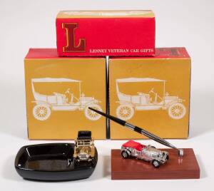 MATCHBOX: group of Lesney Veteran Car Gifts consisting of Single Penstand Hardwood Base 1929 4½ Bentley (30-5s); and, Double Porcelain Tray 1911 Daimler (11-13G); and, Single Porcelain Tray 1907 Rolls Royce Silver Ghost (10-15G). All mint in original card