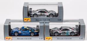 MAISTO: 1:43 group of ‘Classic Collection’ Mercedes model cars including Mercedes CLK-GTR (31504) – blue; and, Mercedes CLK-GTR (31504) – silver 12; and Mercedes CLK-GTR (31504) – silver 2. All mint in original perspex display case. (7 items)