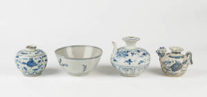A Provincial Ming blue and white bowl&nbsp;15cm diameter; a Vietnamese chicken head ewer 9cm high; and two other blue and white pieces 8 and 12cm high