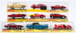 DINKY: Early 1970s group of model cars including Aston Martin DB5 (110) – metallic red; and, Ford 40-RV (132) – fluorescent orange and yellow; and, Monteverdi 375L (190) – metallic red. All mint to near mint in original clear rigid perspex case, damage to
