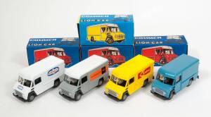 LION-TOYS: Group of model Commer vans including Commer Bestelwagen ‘Van Gend & Loos’ (54) – grey; Commer Bestelwagen ‘Kodak’ (55) – yellow; and, Commer Bestelwagen (55) – blue; and, Commer Bestelwagen ‘Birds Eye’ (55) – white. All mint in original cardboa