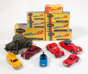 TRI-ANG: 1960s group of metal and plastic Minic ‘Push and Go’ model vehicles including Armoured Car – Military Green; and, Jaguar – red with grey roof; and, Armstrong Siddeley – red. All mint in original cardboard boxes. (7 items).