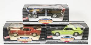 Miscellaneous group of 1:18 scale model cars including BURAGO: 1995 Ferrari F50 (3352) – red; and, MIRA: 1955 Buick Century (6335) – red; and, REVELL: Ferrari 412P (48831) – white. All mint in original cardboard packaging. (9 items)