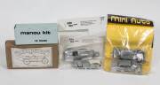 Miscellaneous group of model cars including MINI AUTO: Lotus-Cortina 196 (12); and, JOHN DAY MODEL: Jaguar D type (167); and, MANOU KIT: Panhard Riffard LM53 (300). All mint and unassembled in original packaging. (90 items approx.)