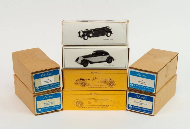 Group of miscellaneous unbuilt White Metal Model Car hobby kits including F.D.S: 1947 Fiat 1100 S. MM (6); and, MODEL INTERNATIONAL: Toyota Celica 1600 GT (125 052); and, PLUMBIES: 1977 Bitter Diplomat CD (29). Most mint and unbuilt in original packaging.