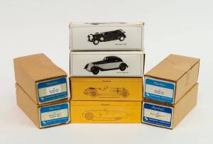 Group of miscellaneous unbuilt White Metal Model Car hobby kits including F.D.S: 1947 Fiat 1100 S. MM (6); and, MODEL INTERNATIONAL: Toyota Celica 1600 GT (125 052); and, PLUMBIES: 1977 Bitter Diplomat CD (29). Most mint and unbuilt in original packaging.