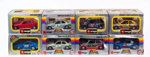 BURAGO: 1:24 Group of Model Cars Including BMW 635 CSI Gr.A (173); And, Mercedes 190E (105); And, Toyota Celica GR.5 (150). All cars mint with slight damage to some of the cardboard packaging. (8 items)